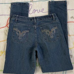 T&Y Blue Stretch Low Rise Skinny Rhinestone Denim Jeans Pants Womans sz 9 / 10